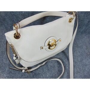 Michael Kors Shoulder Bag Womens White Leather Flap MK Turnlock
